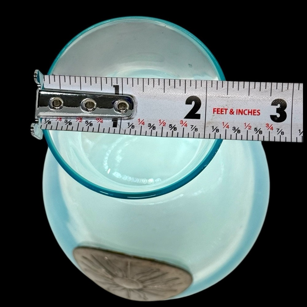 Artisan Handblown Aqua Glass Vase w/ Pewter Sunburst Medallion Signed "A 14/30" - Picture 9 of 10